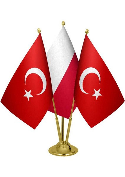 Masaüstü Polonya Bayrağı Türk Bayrağı Üçlü Pirinç Direk Masa Bayrak Seti