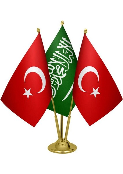 Masaüstü Suudi Arabistan Bayrağı Türk Bayrağı Üçlü Pirinç Direk Masa Bayrak Seti