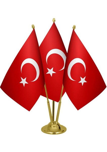 Masaüstü Üçlü Türkiye Cumhuriyeti Bayrağı Üçlü Pirinç Direk Masa Bayrak Seti