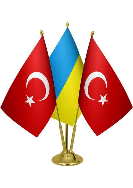 Masaüstü Ukrayna Bayrağı Türk Bayrağı Üçlü Pirinç Direk Masa Bayrak Seti