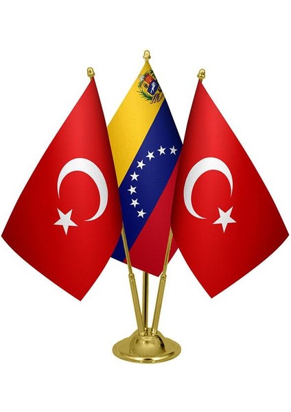 Masaüstü Venezuella Bayrağı Türk Bayrağı Üçlü Pirinç Direk Masa Bayrak Seti