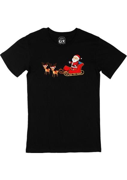 Noel Baba ve Geyikli Yılbaşı Siyah T-Shirt