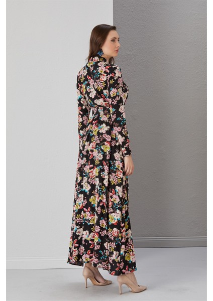 Özel Tasarım Desenli ve Kemer Detaylı Siyah Elbise fırsatları