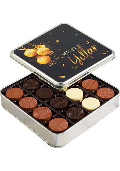 Yılbaşı Hediyesi 64 Adet Yuvarlak Madlen Çikolata (Metal Kutu)