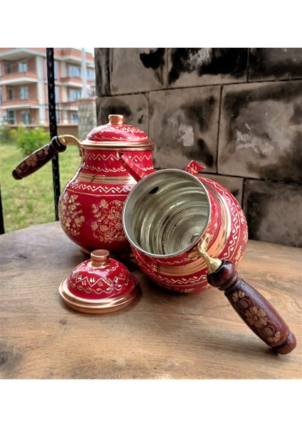Kırmızı Seramik Boya Kaplama Gül Çiçek Bakır Çaydanlık