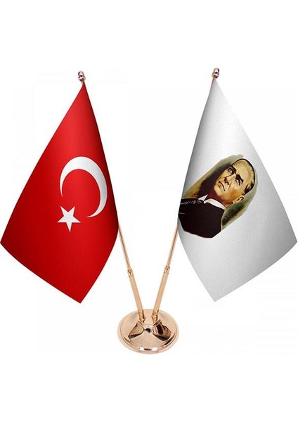 Masaüstü Atatürk Bayrağı Türk Bayrağı Ikili Pirinç Direk Masa Bayrak Seti