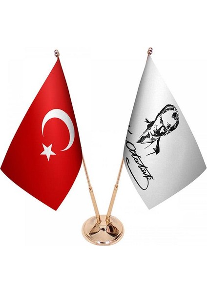 Masaüstü Atatürk Imzalı Bayrağı Türk Bayrağı Ikili Pirinç Direk Masa Bayrak Seti