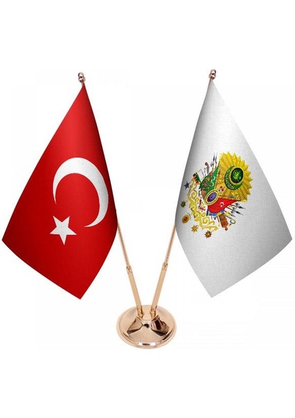 Masaüstü Osmanlı Arması Bayrağı Türk Bayrağı Ikili Pirinç Direk Masa Bayrak Seti