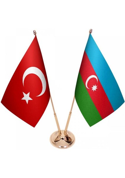 Masaüstü Azerbaycan Bayrağı Türk Bayrağı Ikili Pirinç Direk Masa Bayrak Seti