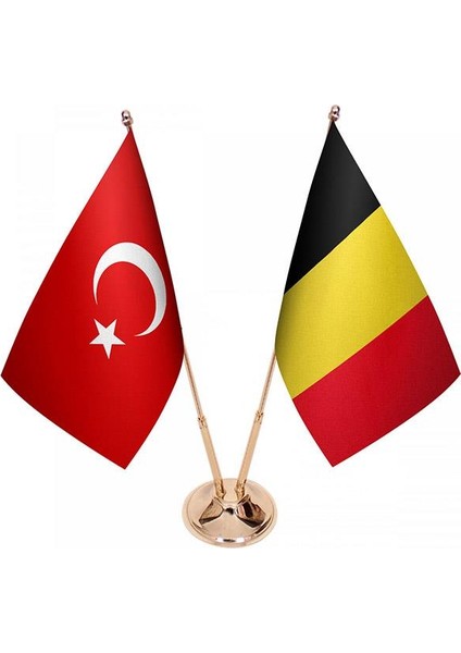 Masaüstü Belçika Bayrağı Türk Bayrağı Ikili Pirinç Direk Masa Bayrak Seti