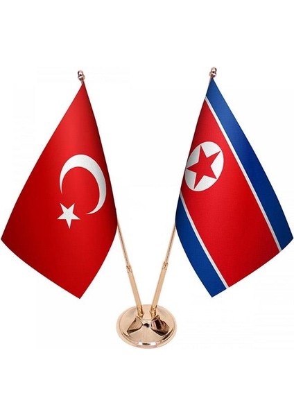 Masaüstü Kuzey Kore Bayrağı Türk Bayrağı Ikili Pirinç Direk Masa Bayrak Seti