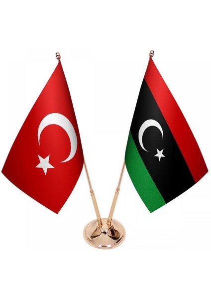 Masaüstü Libya Bayrağı Türk Bayrağı Ikili Pirinç Direk Masa Bayrak Seti