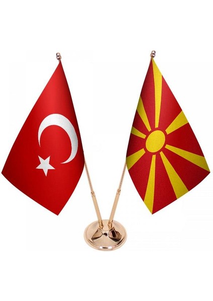 Masaüstü Makedonya Bayrağı Türk Bayrağı Ikili Pirinç Direk Masa Bayrak Seti