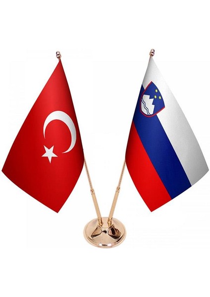 Masaüstü Slovenya Bayrağı Türk Bayrağı Ikili Pirinç Direk Masa Bayrak Seti