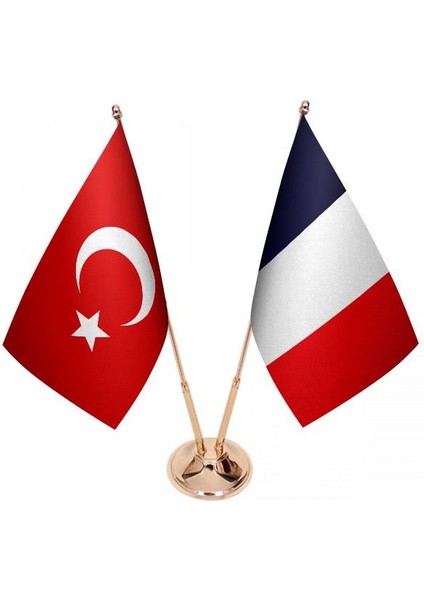 Masaüstü Fransa Bayrağı Türk Bayrağı Ikili Pirinç Direk Masa Bayrak Seti