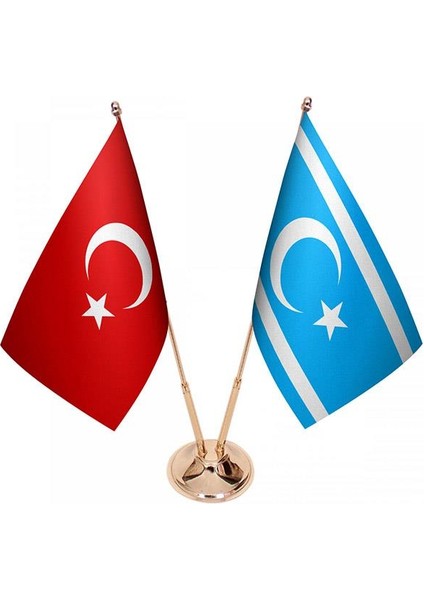 Masaüstü Kerkük Türkmeneli Bayrağı Türk Bayrağı Ikili Pirinç Direk Masa Bayrak Seti