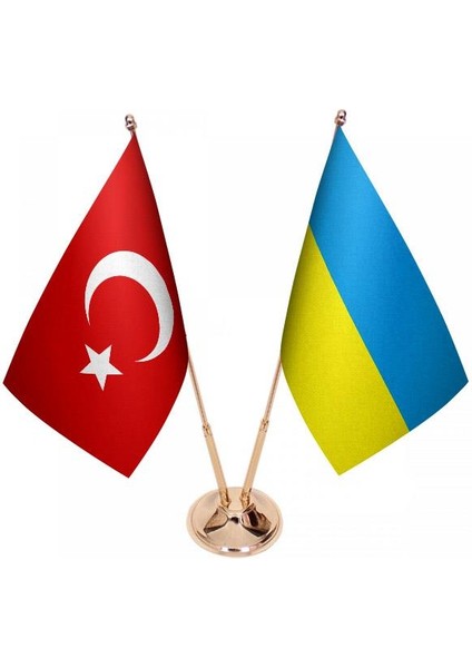 Masaüstü Ukrayna Bayrağı Türk Bayrağı Ikili Pirinç Direk Masa Bayrak Seti