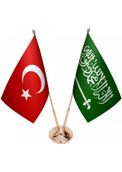 Masaüstü Suudi Arabistan Bayrağı Türk Bayrağı Ikili Pirinç Direk Masa Bayrak Seti