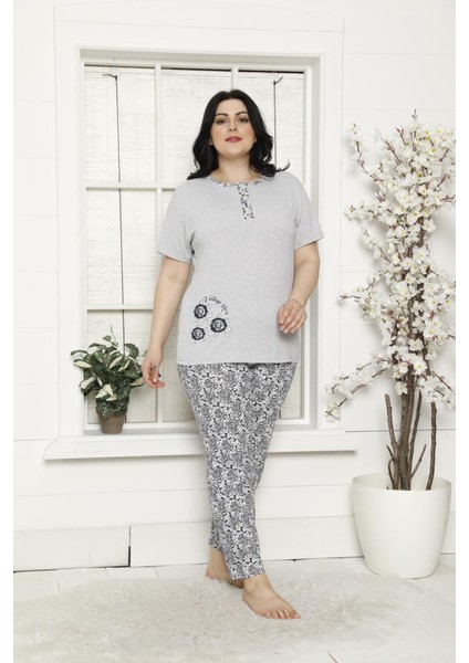 Kadın Kısa Kollu Cepli Yazlık Battal Beden Gri Pijama Takımı