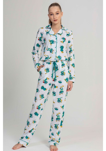 Pamuklu Tamamı Düğmeli Uzun Kol Pijama Takım