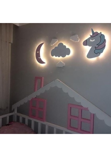 Dekoratif Ahşap Çocuk Odası Ledli Unicorn Aydede Bulut Gece Lambası