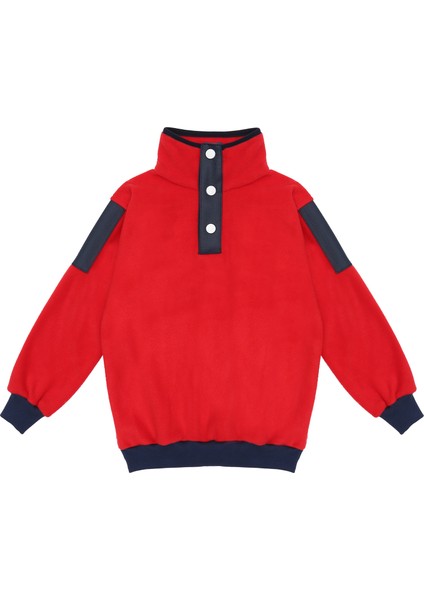Kamp Kırmızı,lacivert Çıtçıtlı Kız-Erkek Çocuk Unisex Outdoor Polar Sweatshirt. Deri Detaylı. 1-8 Yaş