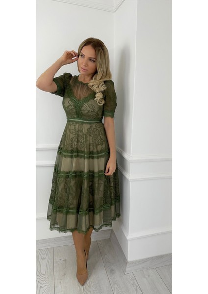 M1376 Dantel Tasarım Elbise Haki