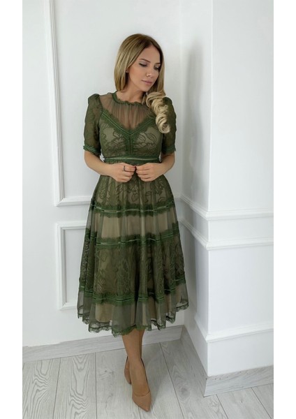 M1376 Dantel Tasarım Elbise Haki fiyatları