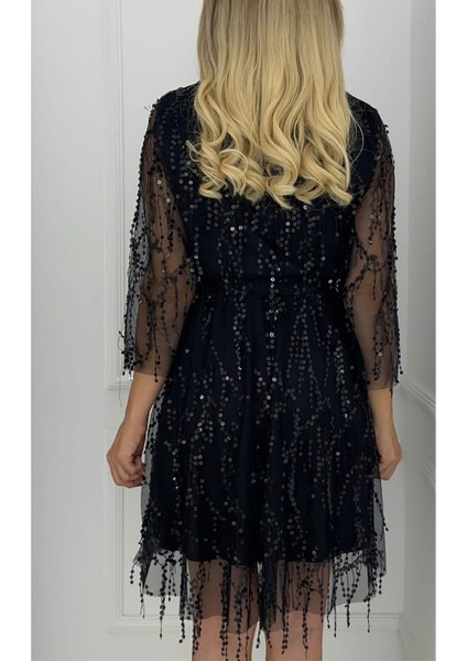 M1877 Kruvaze Yaka Payet Detay Abiye Elbise Dark fiyatları