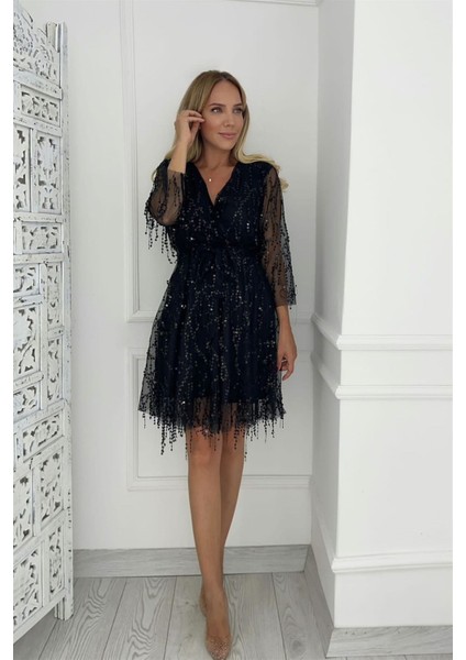 M1877 Kruvaze Yaka Payet Detay Abiye Elbise Dark