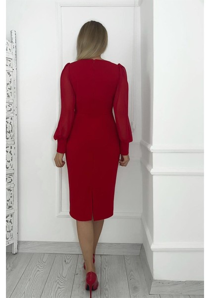 M1990 Kare Yaka Şifon Kollu Elbise Kırmızı fiyatları