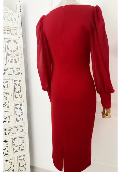 M1990 Kare Yaka Şifon Kollu Elbise Kırmızı modelleri