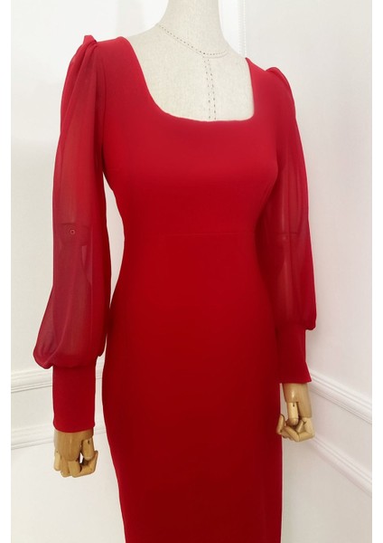 M1990 Kare Yaka Şifon Kollu Elbise Kırmızı fırsatları