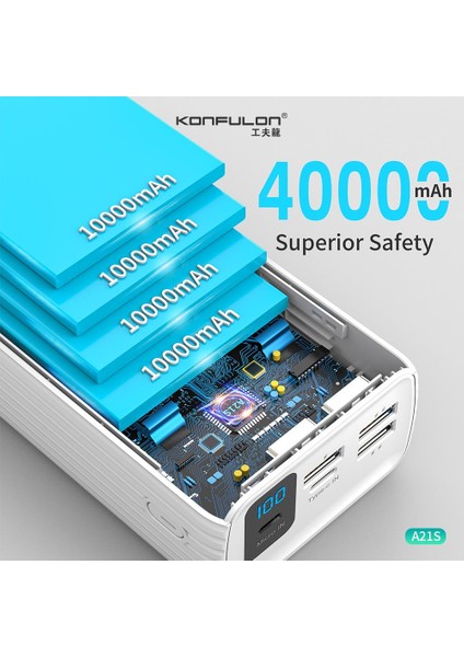 A21S LCD Göstergeli Powerbank 40000 mAh Konfulon Yüksek Kapasiteli Hızlı Şarj Özellikli Power Station