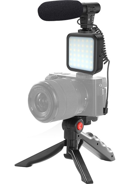 KIT-01LM Video Çekim Mikrofonlu LED Işıklı Taşınabilir Tripod Siyah (Yurt Dışından)