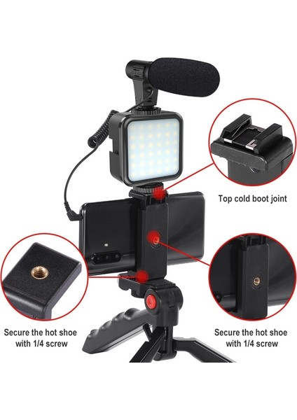 KIT-01LM Video Çekim Mikrofonlu LED Işıklı Taşınabilir Tripod Siyah (Yurt Dışından)