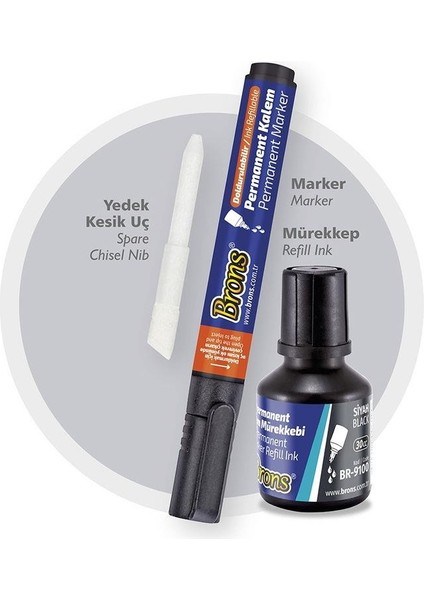 Brons Permanent Marker Seti Kesik Uç Siyah (Kalem + Mürekkep + Yedek Uç)