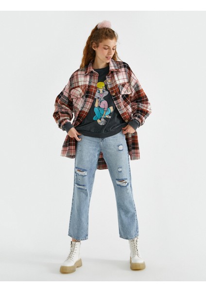 Yüksek Bel Yırtık Pamuklu Kot Pantolon - Straight Jean fiyatları