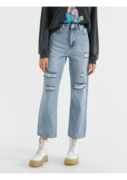 Yüksek Bel Yırtık Pamuklu Kot Pantolon - Straight Jean modelleri