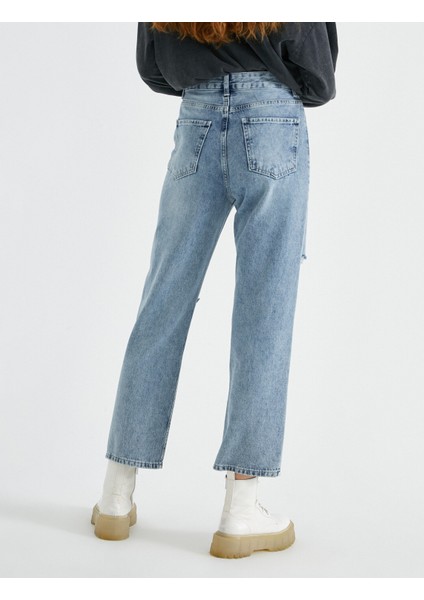 Yüksek Bel Yırtık Pamuklu Kot Pantolon - Straight Jean fırsatları