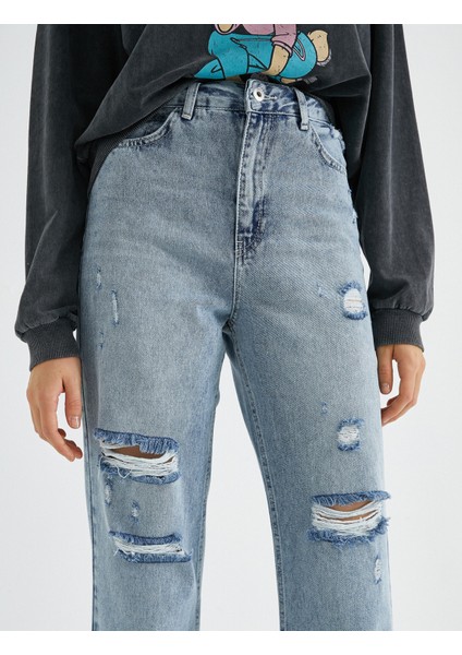 Yüksek Bel Yırtık Pamuklu Kot Pantolon - Straight Jean indirimleri