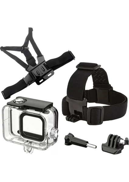 GO209 Gopro Hero 13 Hero 12  Hero 11 Hero 10 Hero 9 Black Uyumlu 60 Metre Su Geçirmez Koruyucu Muhafaza Kafa Bandı ve Göğüs Kemeri 5 Parça Set