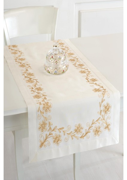 Krem Buldan Ipeği Çiçek İşlemeli 50 x 130 cm. Runner