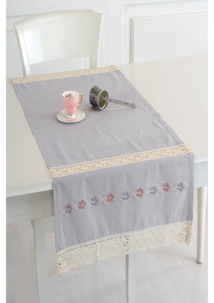 Buldan Keteni Ara Dantelli İpek İşlemeli 50 x 130 cm Runner