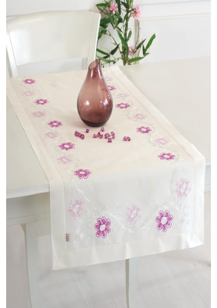 Krem Buldan İpeği Çiçek İşlemeli 50 x 130 cm Runner