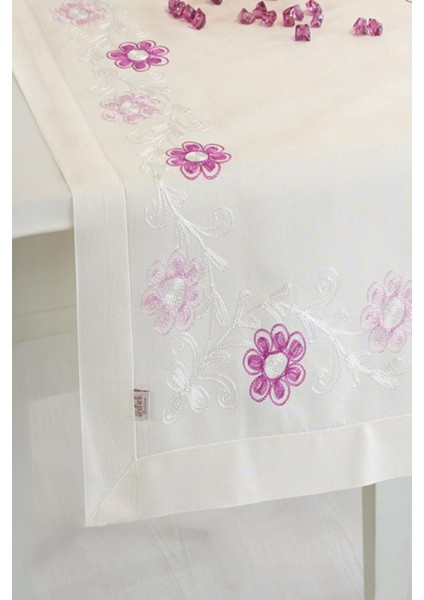 Krem Buldan İpeği Çiçek İşlemeli 50 x 130 cm Runner