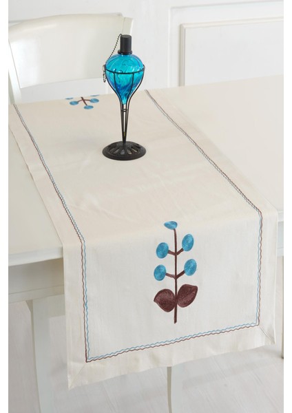 Naturel Buldan Keteni Çiçek İşlemeli 50 x 130 cm Runner