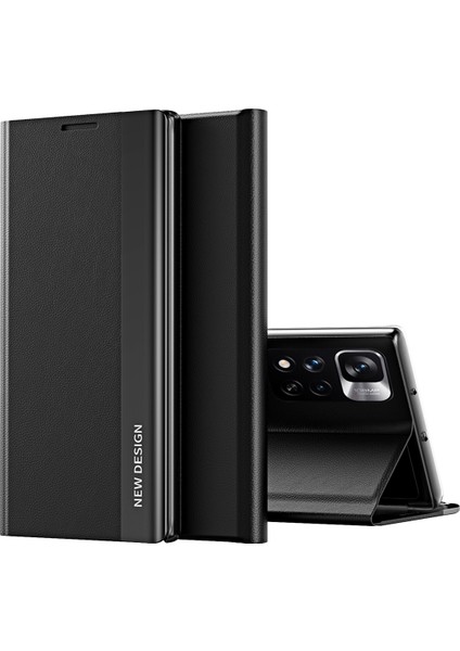 Xiaomi Redmi Note 11 Pro / Note 11 Pro+ Için Ince Flip Deri Manyetik Kılıf Kapaklı Siyah