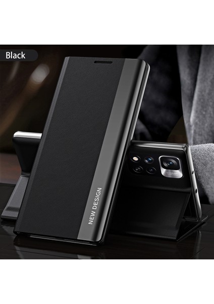 Xiaomi Redmi Note 11 Pro / Note 11 Pro+ Için Ince Flip Deri Manyetik Kılıf Kapaklı Siyah