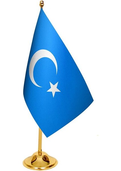 Masa Üstü Doğu Türkistan Bayrağı + Pirinç Direk Masa Bayrak Seti